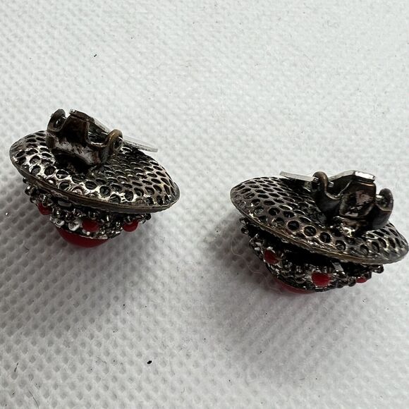 Vintage Austria Clip-On Earrings Silver Tone Dome Red Stone Cabochons - Picture 6 of 6